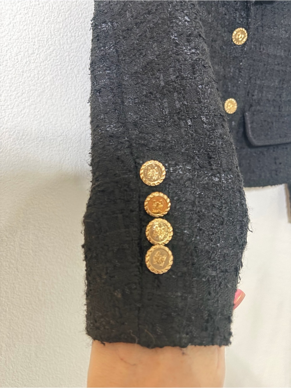 LANCY Black Cropped Bouclé Tweed Jacket Wool Blend Gold Buttons- Fits US S (4/6) - Picture 4 of 7